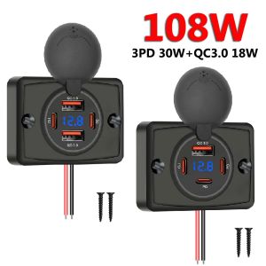 KEBIDU | 108W Car Charger Socket 12V/24V Waterproof Dual PD Dual QC3.0 Type-C Quick Charge With Voltmeter for Cars Boats Buses RVS