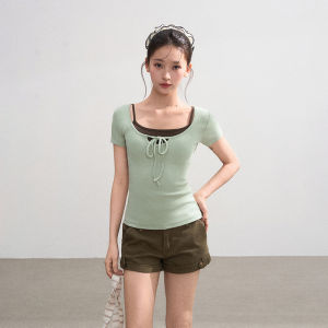 BAIDAIFEI | Square Neck Tie Fitted Short Sleeve T Shirt