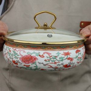 Large Size Enamel Antique Bowl Thickened Home Use Chinese Style Soup Bowl Salad Bowl Rice Serving Dish round Shape Enamelware