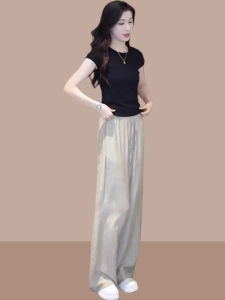 Fashionable Ice Silk Short Sleeve T-Shirt Wide Leg Pants Set Women Summer 2025 Street Style Small Size Matching Whole Set