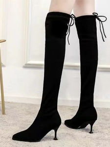 2023 ฤดูใบไม้ร่วง ฤดูหนาว สไตล์เกาหลี Pointed Toeรองเท้าส้นสูงกว่าเข่ารองเท้าบูทยาวผู้หญิง เซ็กซี่ รองเท้าบูทยาวCat Heelรองเท้าผู้หญิง