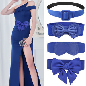 Blue Elastic Waist Belt Womens Wide Flower Butterfly Knot Decorative Leather Belt for Dress Sweater down Jacket All-Match Waist Seal