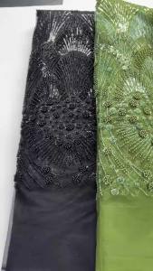 Luxury Black Beaded Sequin Tulle Lace Fabric Fan Embroidery African Net Lace For Wedding Evening Party Dress Sewing Material