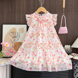 Menoea 2 to 7 Years Baby Girls Dress Summer New Flower Print Sleeveless Birthday Party Princess Dress for Childrens Casual Wear Kids Clothing Outfits Girls