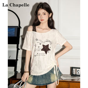 La Chapelle | Cartoon Print Plunge Neck Off-shoulder Ruched Tie T-Shirt