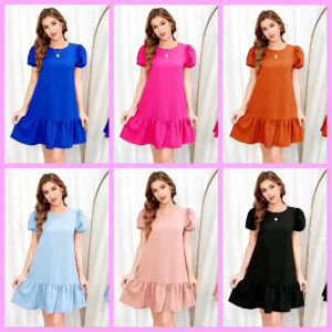 chloe Premium Quality Plain  Color Puff Sleeves Ruffle Hem Dress   - xs to large frames - actual photo - premuim quality  - fabric from abroad  - made of imported and soft fabric  - brand new with tag - soft and comfortable  - mall quality - casual clothe