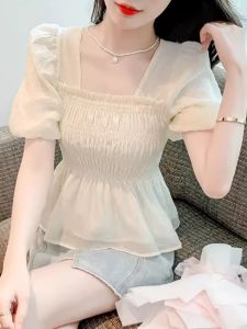 2024 Summer New Arrival French Sweet Square Collar Puff Short Sleeve Waist-Tight Chiffon Shirt Womens Belly Covering Baby Shirt Top