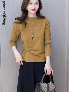 WANGGONGZHU | Slimming Long Sleeve T-Shirt Womens Autumn New Fashion Beautiful Youthful Base Shirt Princess Style Commute Korean Version Pure Color