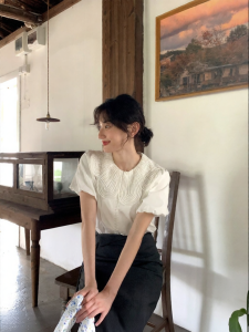 NIHAOKANONG | Áo Blouse Mùa Hè Tay Ngắn Màu Sắc Sạch Kiểu Cổ Pháp