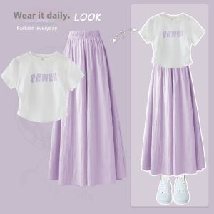 2pcs Girls Suit for Kids 7-16 Years Old Summer Terno Outfits for Teens Girl Short Sleeves T-Shirts and Ice Silk Pants Teenage Clothes Set Korean Wide Leg Pants Suits Girls Leisure Sports Suit New Style Korean