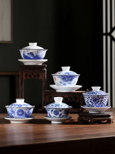 Siêu Mỏng Màu Xanh Và Trắng Bộ Trà Sứ Phụ Kiện Có Nắp Pha Trà Sử Dụng Tại Nhà Gongfu Ba Nguyên Tố Bát