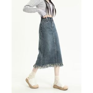 กระโปรงยีนส์ทรงเอเอวสูงสีดำยาวปานกลางสำหรับผู้หญิง กระโปรงทรงเอเอวสูงสไตล์ลำลอง ฤดูใบไม้ผลิ ฤดูร้อน ฤดูใบไม้ร่วง ฤดูหนาว