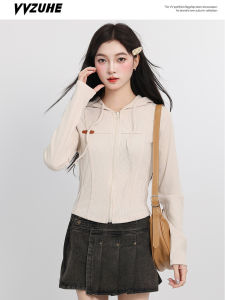 Áo Hoodie Ngắn Ôm Vừa Vặn Có Dây Rút Đầu Thu Cho Nữ Áo Khoác Ngoài Có Khóa Kéo Kiểu Dáng Xương Cá Áo Khoác Ngoài Thường Ngày