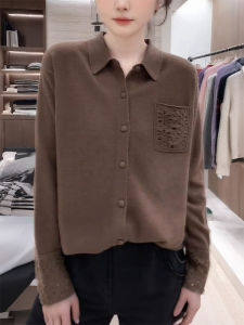 QINGNAER | Stylish Slimming Large Size Womens Sweater 2025 Autumn New Brown Lace Hollow Pocket Knit