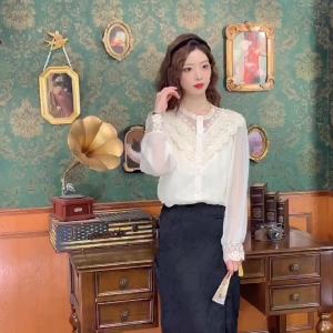 AMMIN 2024 Autumn New Simple round Neck Fashion Hollow out Embroidery Floral Mesh Stitching Long Sleeves Chiffon Shirt Womens Korean Style Fashion Pleated Striped Texture Elegant Blouse