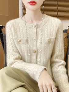 100% Pure Wool Cardigan Women round Neck Small Fragrance Style Twist Knitted Loose Cashmere Sweater Outerwear Spring Autumn