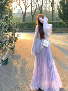 Summer Purple Long A-Line Skirt Womens Elastic Waist Texture Sensation Fairy Skirt Super Beautiful Commute Pure Color Polyester Fiber