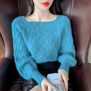 เสื้อสเวตเตอร์ถักคอเหลี่ยมแขนโคมไฟสไตล์เกาหลีสำหรับผู้หญิง ทรงหลวม ลำลอง หลวม กระชับสัดส่วน เสื้อถัก