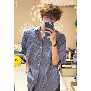 Blue Gingham Shirt Short Sleeve Mens Summer Fancy Pu Shuai Plaid Tops Cleanfit Casual Half Sleeve Shirt
