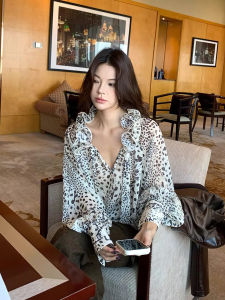 ZHILU | Ruffled Trim Animal Print Bow Blouse Loose Fitting Slimming Top