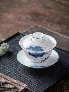 ชามชาเซรามิคดีไซน์มือสัมผัสพร้อมฝาปิดลายดอกไม้สไตล์จีนโบราณแบบไฮเอนด์ ชุดเครื่องดื่มชาสำหรับใช้ในบ้าน