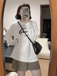 100% Pure Cotton Long Sleeve T-Shirt Womens Loose Shoulder Spring Autumn White American Letter Trendy Brand New Style