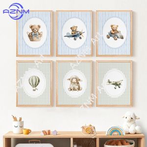 Potdemiel | Vintage Hot Air Balloon Baby Sheep Cow Teddy Bear Plane Poster Canvas Painting Print Wall Art Sage Green for Room Nursery Decor