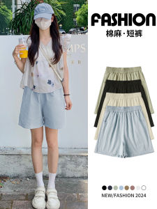 High-Waist Cotton Linen Shorts for Women Casual Style Loose Fit Summer Work Clothing with Pocket Lan Mengya
