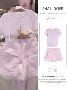 Shalldoer | Bộ đồ hai mảnh thời trang thường ngày phong cách Hàn Quốc dành cho nữ mùa hè màu hồng cổ tròn tay ngắn túi lớn quần ngắn
