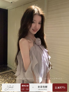 YOLI Purple Hanging Neck Dress with 3D Flower Design And Shoulder Exposure Womens Short Skirt Princess Diary Style Commute