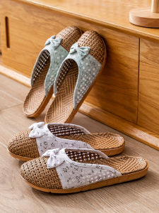 Indoor Woven Rattan Sandals Womens Four Seasons Home Indoor Anti-Slip Silent Spring Summer Cool Linen Head Cover Slippers
