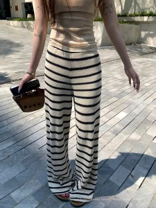 Extra Long Loose Casual Pants Striped High Waist Wide Leg Pants Korean Style Straight Cut Trousers for Tall Women