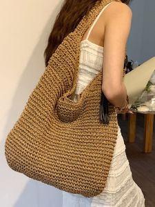 Summer Large Womens Straw Woven Vacation Shoulder Bag Tote Bag Commuter Basket Handbag Double Handle Magnetic Buckle Closure
