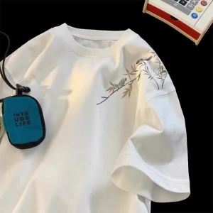 Áo Thun Nam Thêu Chim Trúc Dáng Rộng Chất Liệu Cotton Phong Cách Đường Phố Tay Ngắn Mùa Hè