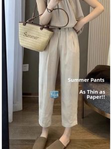Spring Fashion French Style Slim Fit Petite High Waist Straight Leg Casual Pants