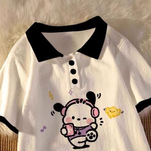 American Pure Cotton Polo Shirt Short Sleeve T-Shirt Womens Summer New Arrival Pacha Dog Heavy Weight Womens Clothing Contrast Color Loose Tops Ins