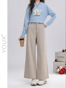 YOUXIANG | Quần Jeans Cao Bụng Lót Nỉ Phong Cách Retro