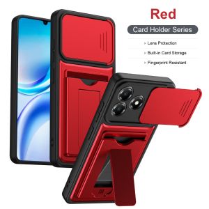 Slide Camera Lens Protector Phone Case Built-in Card Slot Holder Invisible Bracket Kickstand For ZTE Blade A56 A36 A35E Cover