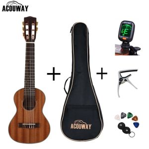 Acouway 28 inch Guitar Guitalele Guitarlele ukulele Sapele body 6 Strings 18 Frets Classical Knob Bundle with bagtunercapo