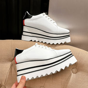 Stella Womens Thick Bottom Slip-On Shoes 2025 New Square Head Versatile Genuine Leather Small Height Increase Stripe Platform Shoes