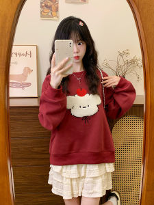 เสื้อสเวตเตอร์คอกลมแขนยาวสีแดงเข้ม ทรงหลวม ผ้าฝ้ายผสมโพลีเอสเตอร์ ฤดูใบไม้ร่วง 2025 เสื้อคลุมกันหนาวสไตล์ย้อนยุคสำหรับผู้หญิง