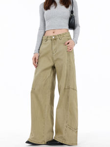 American Retro Khaki Workwear Pants Straight Leg Wide Leg Jeans Loose Fit Womens Trousers Multi Pocket Natural Waist Long Pants