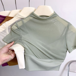 เสื้อยืดผู้หญิงสปอร์ตคอสูงแขนสั้นเซ็กซี่ ผ้าตาข่าย ทรงเข้ารูป ระบายอากาศได้ดี สำหรับออกกำลังกายและวิ่ง