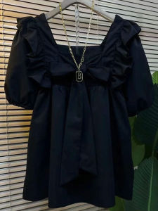 plus Size Womens Square Collar Lotus Leaf Shoulder Elastic Cuff Small Shirt Fat Sister K-style Preppy Style Sweet Anti-Aging Top