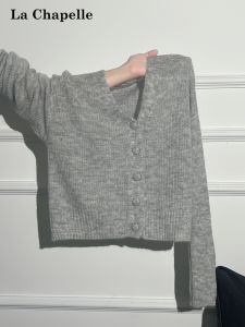 La Chapelle Womens White Grey V-neck Loose Casual Knitted Sweater Autumn 2025 Single Button Design Short Sleeve Top