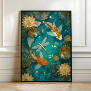 Elegant Koi Fish Wall Art – Emerald Green Pond Decor Asian Zen Painting Gold Lotus Dragonflies Serene Japanese Print Digita