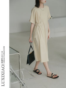 LUXIXIAO Summer Womens Loose Fit round Neck Short Sleeve Long Dress Korean Style A-Line Skirt High Waist H-Shape Dress