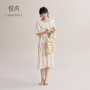 yuenei | Váy ngủ cotton nguyên chất mùa hè cho nữ tay ngắn mỏng phong cách công chúa dài vừa phải họa tiết hoa mềm mại thoải mái mặc ở nhà