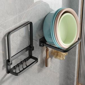 [SG Seller]Kitchen Bathroom Folding Wall Hanging Shelf With Hook Without Drill Floor Frame Washbasin Shelf baby basin shelf