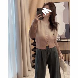 BINKAFENNY | Gradient Color Knitted Short Sweater Womens Early Autumn Fashion Outerwear Cardigan Korean Style Low Round Neck Button Sleeve